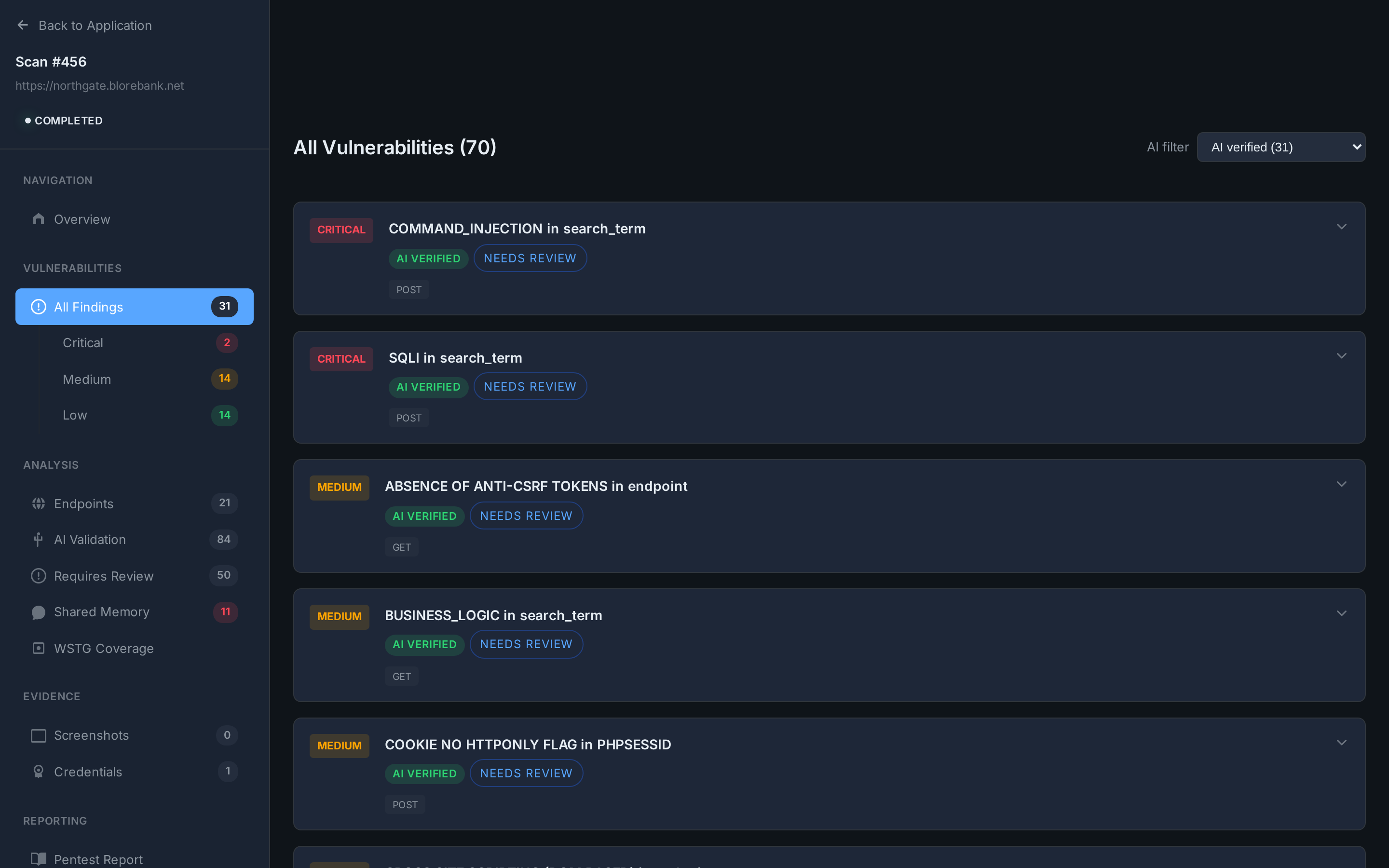 All vulnerabilities view with AI-verified badges, severity chips and request methods